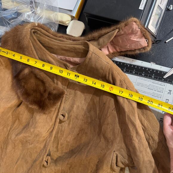 Vintage Brown Suede Coat with Dark Mink Fur Collar XS–S - Picture 13 of 16